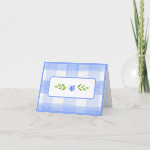Cartão Aquarela Flor Azul Folhas Verdes Xadrez Azul