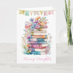 Cartão Aquarela Floral e Livros Filha de Aniversário