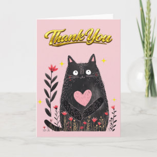 Cartão Aquarela Floral Gato Preto com Coração Obrigado