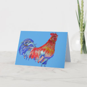 Cartão Aquarela Galo Azul Vermelho