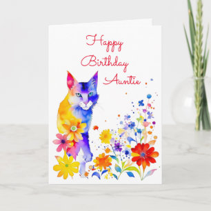Cartão Aquarela Gato e Flores Aniversário Personalizado