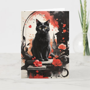 Cartão Aquarela Gato Preto Arte de Flores Salpicadas em B
