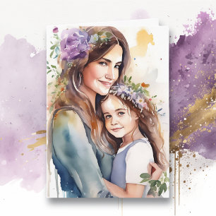 Cartão Aquarela Mãe e Filha Roxo Dia das Mães