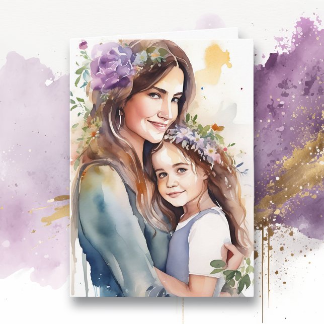 Cartão Aquarela Mãe e Filha Roxo | Dia das Mães (Criador carregado)