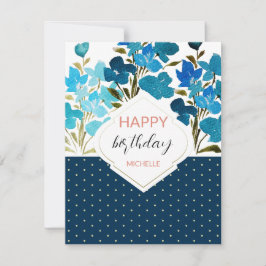 Cartão Aquarela Moderna Boho Azul Floral Pintada à Mão