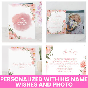 Cartão Aquarela Moderna Elegante Floral Rosa Dia das Mães