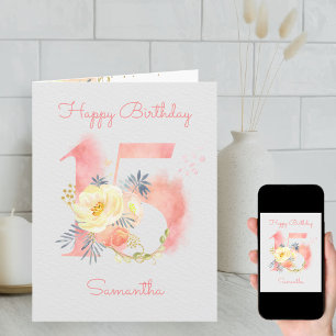 Cartão Aquarela Número 15 Aniversário de 15 anos Personal