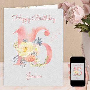 Cartão Aquarela Número 16 Aniversário de 15 anos Personal
