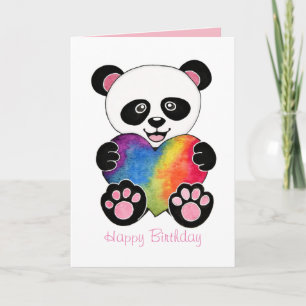 Cartão Aquarela Panda Fofo Com Coração Arco-Íris