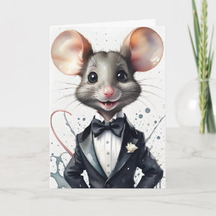 Cartão Aquarela Rato Elegante em Cumprimento Formal de Sm