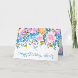 Cartão Aquarela Rosa e Flores de Verão Azuis Aniversário