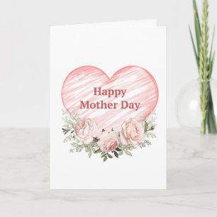 Cartão Aquarela Rosas Rosa e Coração Dia das Mães