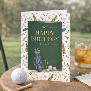 Cartão Aquarela Tema de Golfe Azul Verde Feliz Aniversári