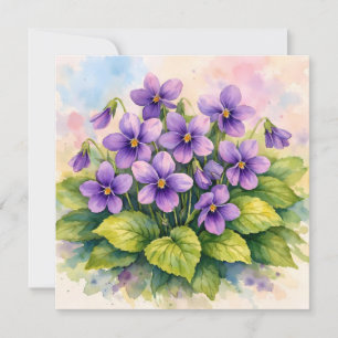 Cartão Aquarela Violetas Roxas em Flor