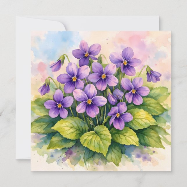 Cartão Aquarela Violetas Roxas em Flor (Frente)
