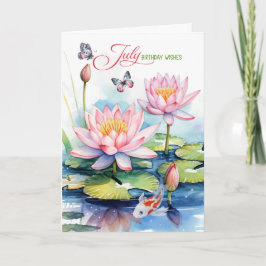 Cartão Aquarelas Rosa e Peixes Koi de Aniversário de Julh
