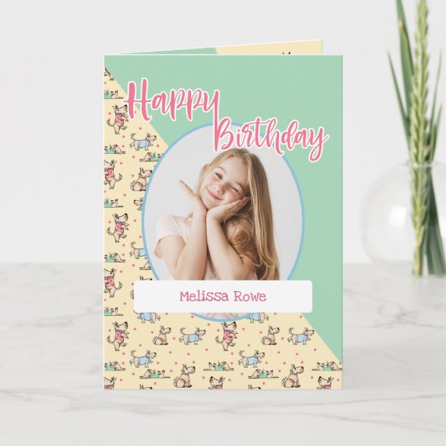 Cartão Aquela Foto De Aniversário Verde Amarelo Do Cão (Frente)
