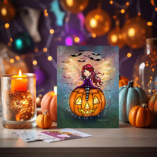 Cartão Aqui Vêm os Morcegos Fada de Halloween Fofo