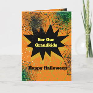 Cartão Aranha de teia preta laranja Feliz Halloween Netos