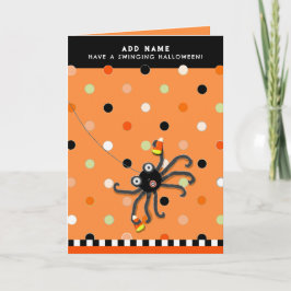Cartão Aranha divertida de Halloween fazendo doces ou tra