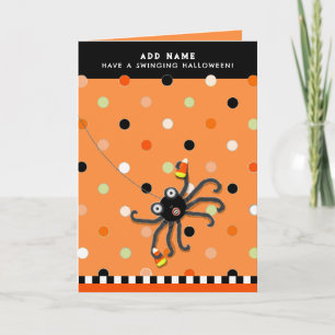 Cartão Aranha divertida de Halloween fazendo doces ou tra