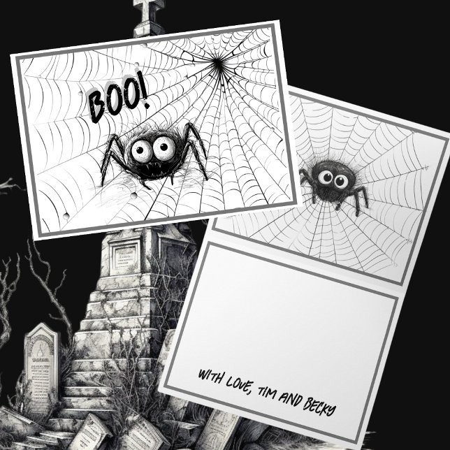 Cartão Aranhas Pretas e Brancas Cujas | Spider Web Hallow (Cute Black and White spiders and spider web customizable Halloween greeting cards.)