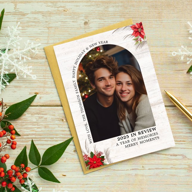 Cartão Arch o que um ano em Revisão Várias Fotos Natal (arch christmas elegant classic typography modern minimalist family botanical foliage holly berries)