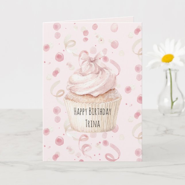 Cartão Arco de Cupcake de Confetes Rosa Corado Aniversári (Planta pequena)
