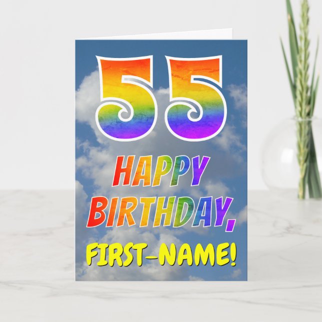 Cartão Arco-Íris "55" e "FELIZ ANIVERSÁRIO", Nuvens, Céu (Frente)