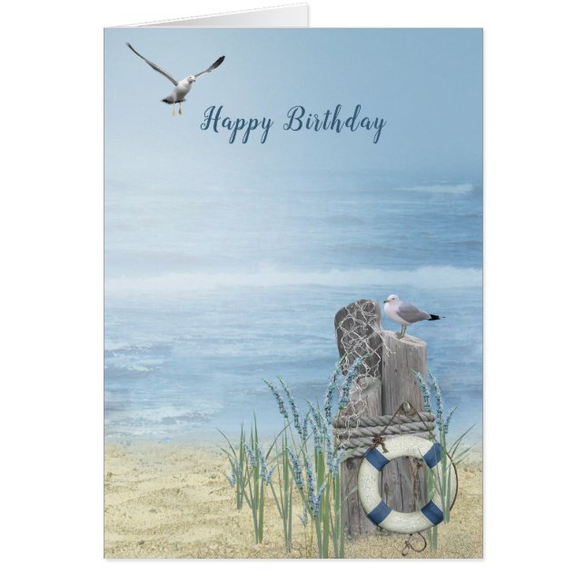 Cartão Areia de aniversário com gaivotas (Frente)