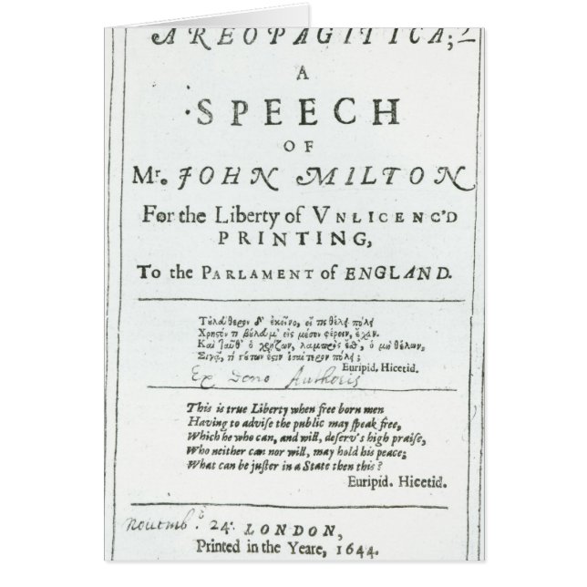 Cartão Areopagitica um discurso de John Milton (Frente)