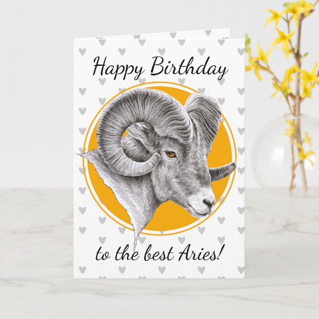 Cartão Aries Zodíaco sinal Bighorn Ram Animal art Anivers (Flor Amarela)