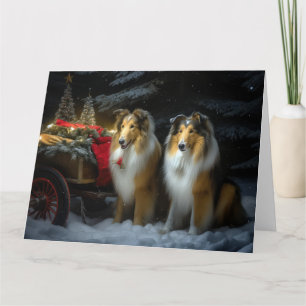 Cartão Arranjo de Natal de Collie Snowy Sleigh