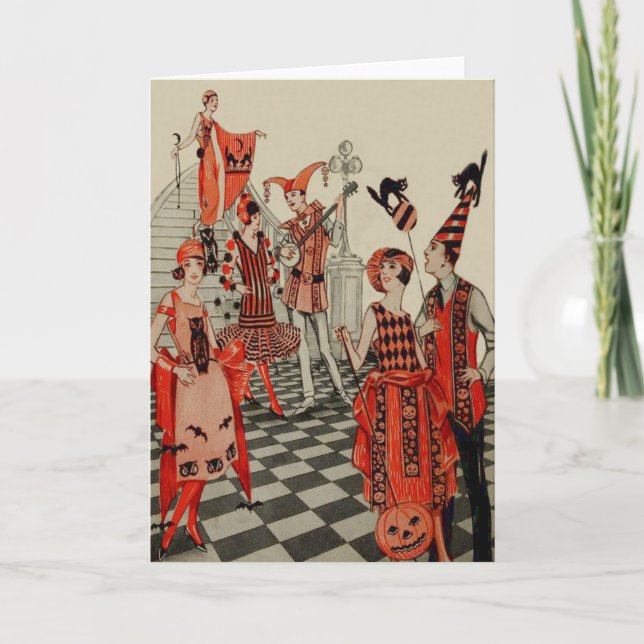 Cartão Art Deco Halloween Party Black Cat Bat (Frente)