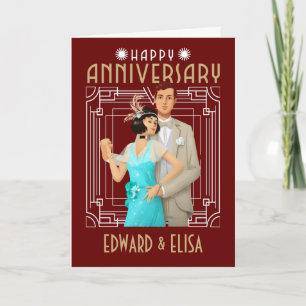 Cartão Art Deco Happy Anniversary Names Any Year Burgundy