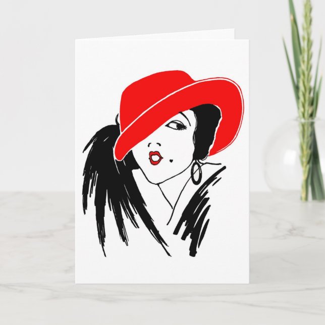 Cartão Art Deco Linda Mulher Red Hat (Frente)