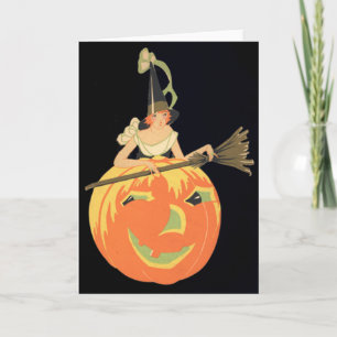 Cartão Art Deco Witch Jack O Lantern Pumpkin Broom