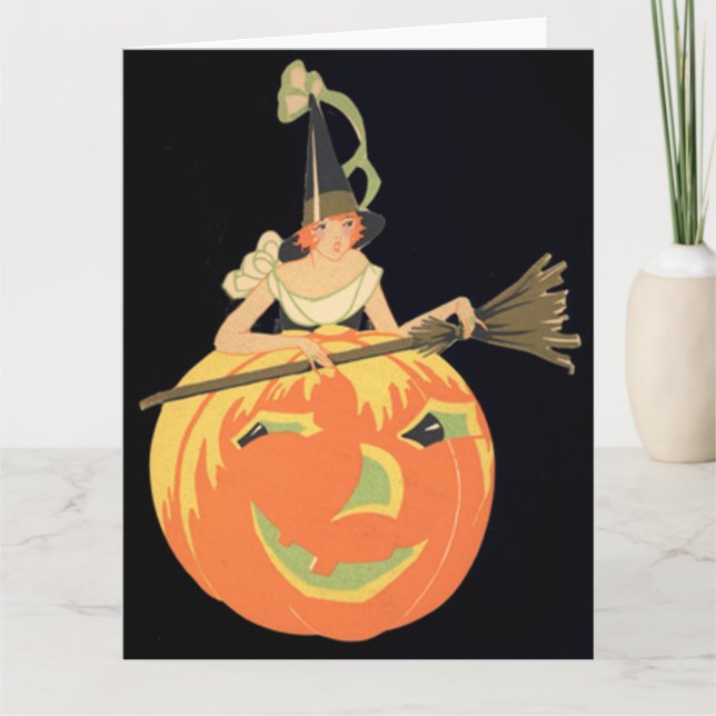 Cartão Art Deco Witch Jack O Lantern Pumpkin Broom (Frente)