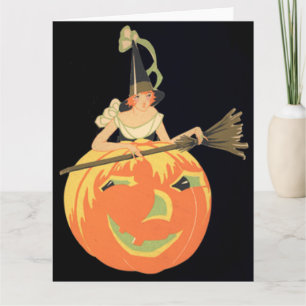 Cartão Art Deco Witch Jack O Lantern Pumpkin Broom
