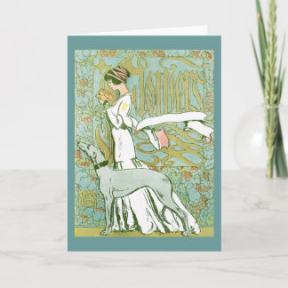 Cartão Art Nouveau Greyhound e Lady com Flor