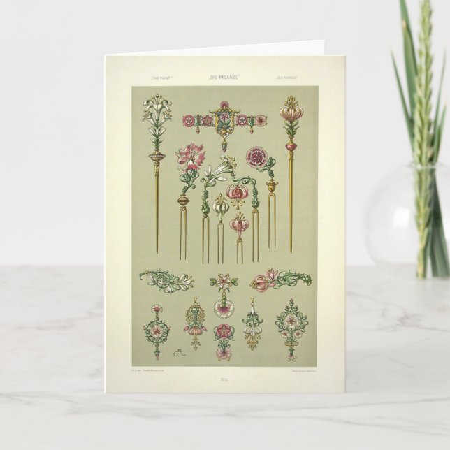 Cartão Art nouveau pinheiros florais Gemstones vitorianos (Frente)