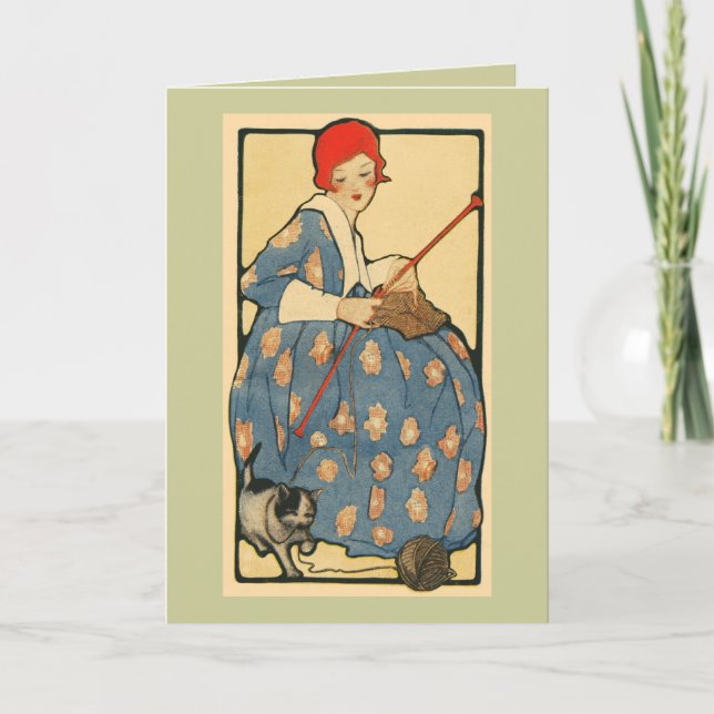 Cartão Art Nouveau - Rapariga tricotando com seu gato (Frente)