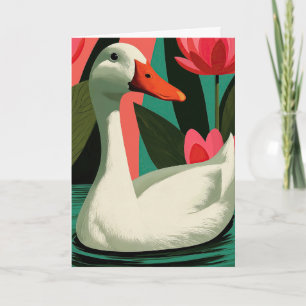 Cartão Arte Botânica do Lago de Lótus com Pato Branco