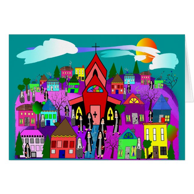 Cartão Arte católica das freiras "que dirige à igreja " (Frente Horizontal)