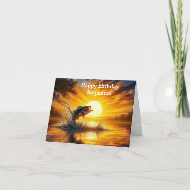 Cartão arte da pesca saltando o pôr do sol Feliz Aniversá (Frente)