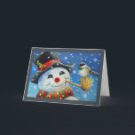 Cartão Arte de Aquarela de Inverno Snowman e Chickadee<br><div class="desc">"Amigos Rápidos" Carta de Saudação de Arte por Aquarela do artista Jean Weiner "Amigos Rápidos" apresenta um pássaro Chickadee Preto Empoleirado no cachimbo de milho do boneco de neve. O pássaro e o boneco de neve parecem estar trocando uma saudação amigável entre si. O boné de neve está vestindo um...</div>