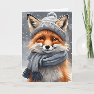Cartão Arte de Aquarela Raposa Vermelha em Chapéu e Cache