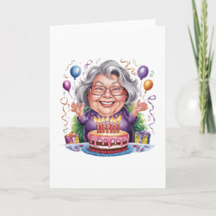 Cartão Arte de Bolo de Aniversário de Senhora Idosa Anima