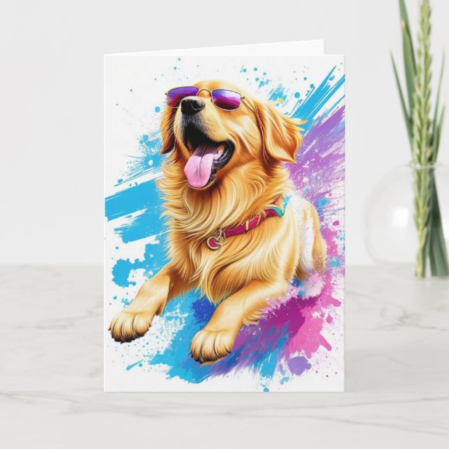 Cartão Arte de Capa Golden Retriever com Óculos de Sol em (Frente)