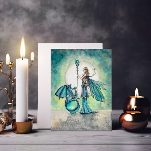 Cartão Arte de Fantasia do Dragão Aquamarine e Fada
